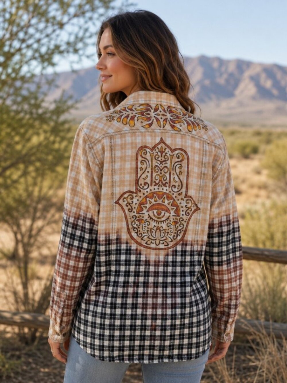 Upcycled Hand Painted Hamsa Flannel Shirt - Bleached Black White XL